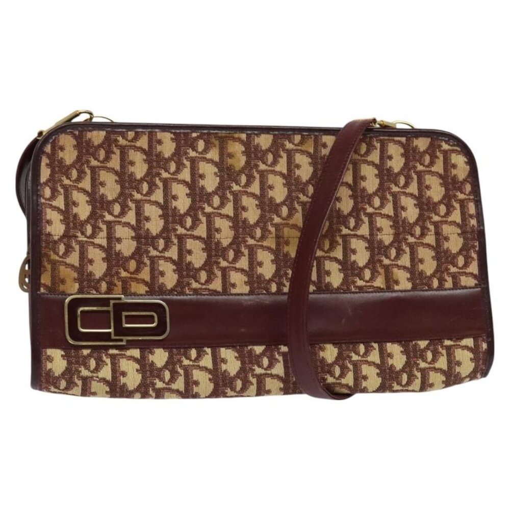 Authentic Christian Dior Trotter Canvas Shoulder Bag Red Gold